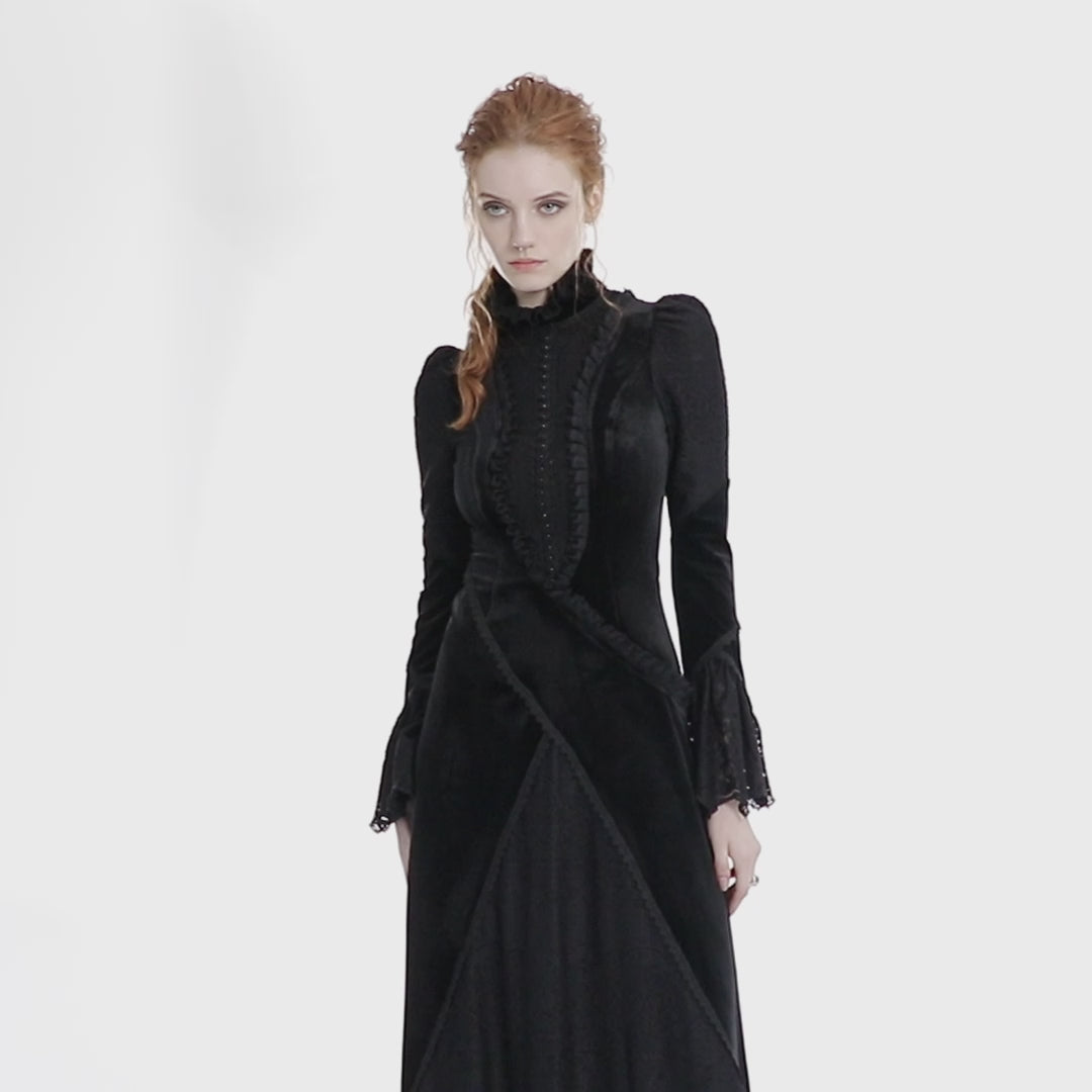 video showing details of long black Victorian gothic gown