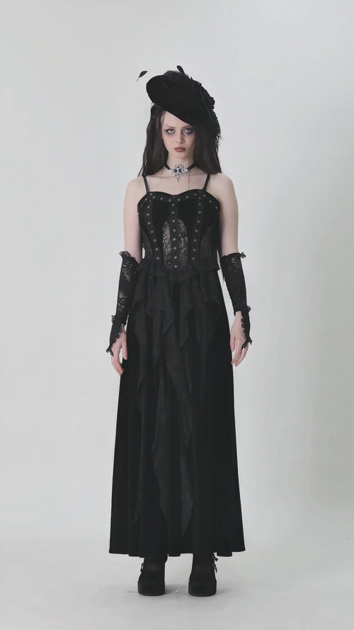 video of gothic woman wearing a long sweetheart neckline black dress with hollow out details 