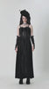 video of gothic woman wearing a long sweetheart neckline black dress with hollow out details 