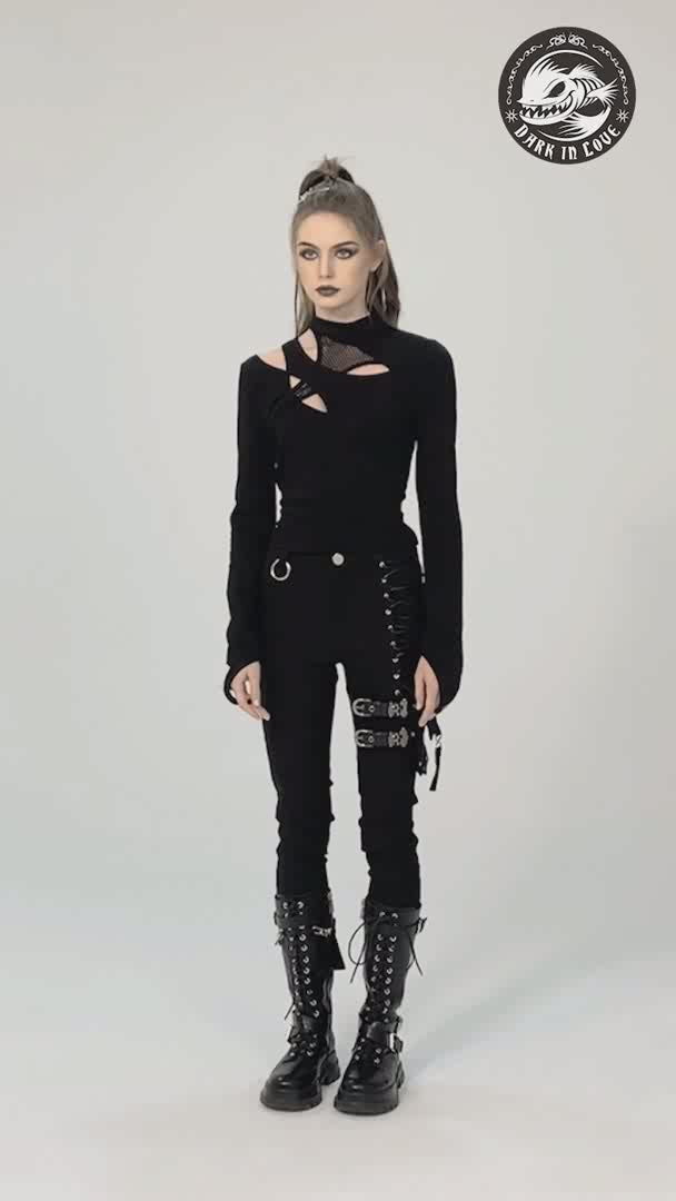 woman wearing dark in love gothic fishnet shirt