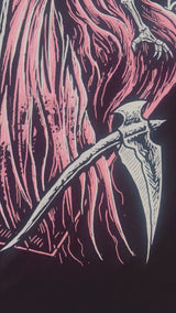 video of a female grim reaper santa muerte graphic shirt 