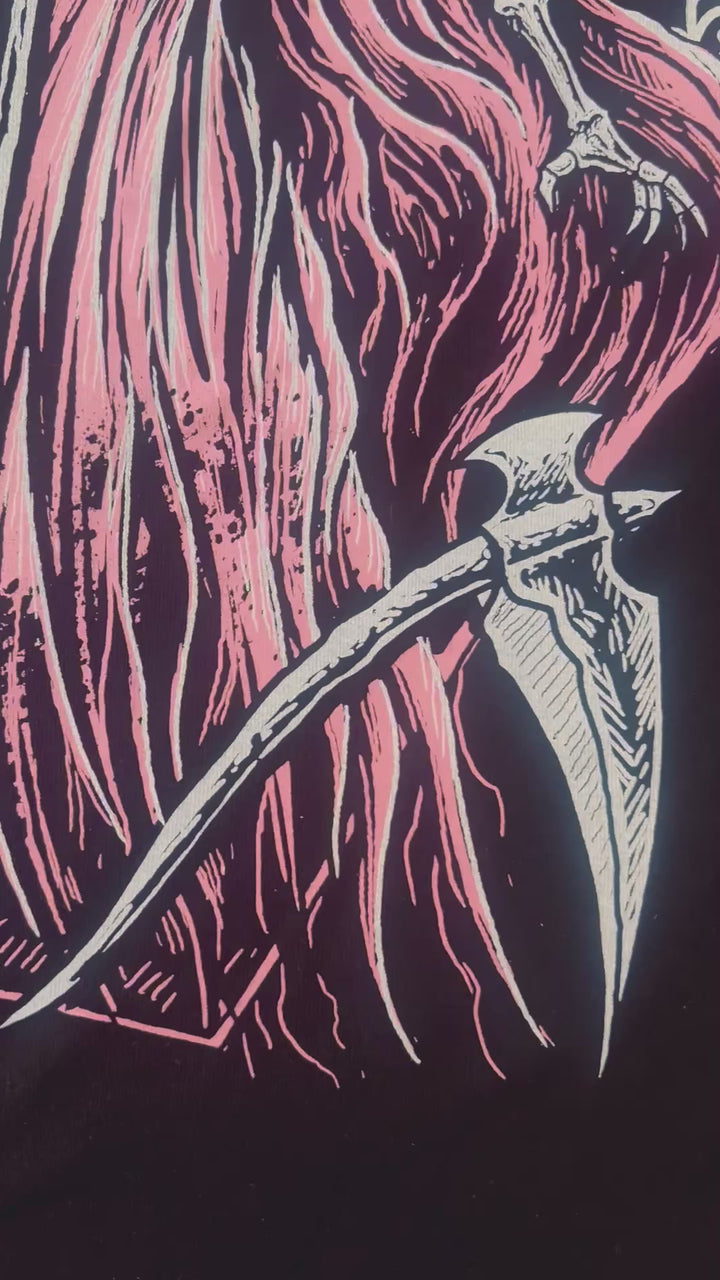 video of a female grim reaper santa muerte graphic shirt 