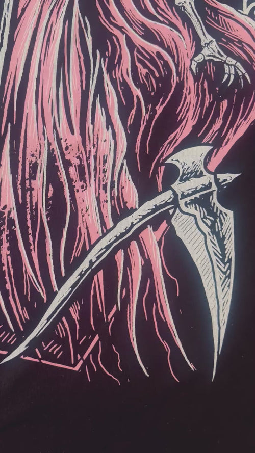 video of a female grim reaper santa muerte graphic shirt 