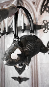 video of a novelty whimsical 3D creepy cute grey stitched rat handbag