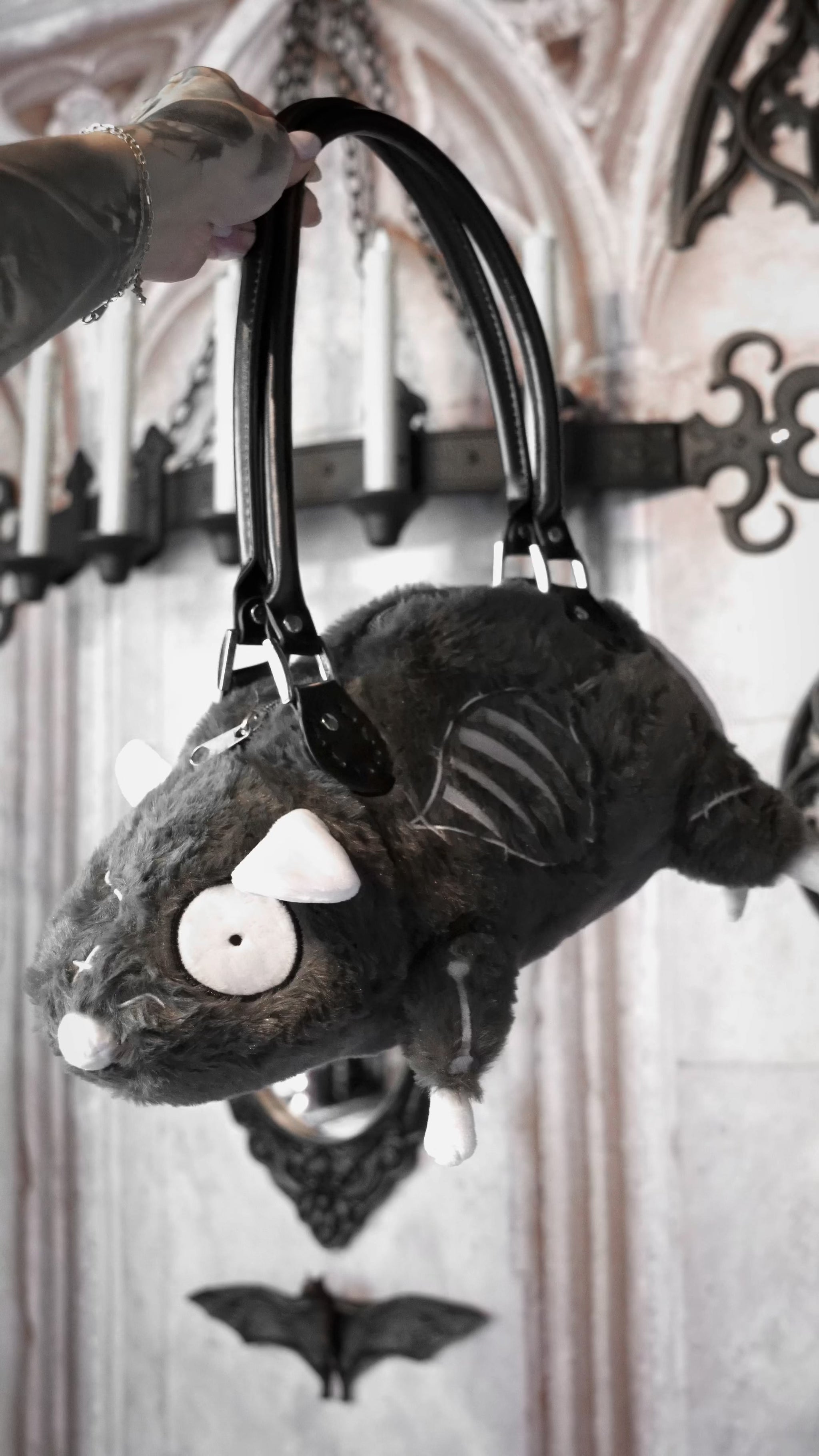 video of a novelty whimsical 3D creepy cute grey stitched rat handbag