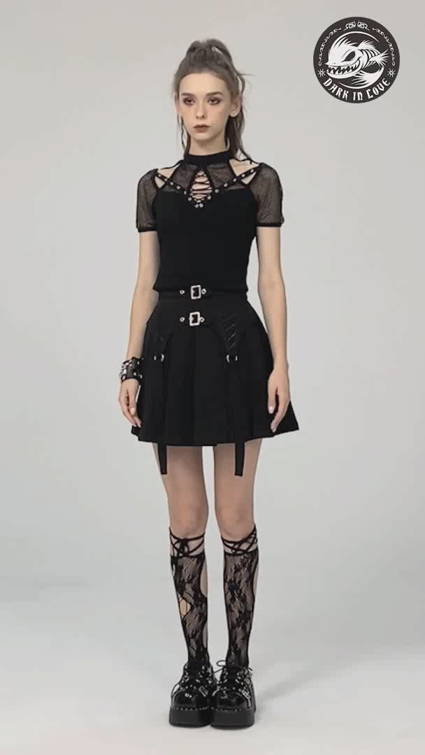 video of model wearing Rocker sexy cutout net knit T-shirt from dark in love