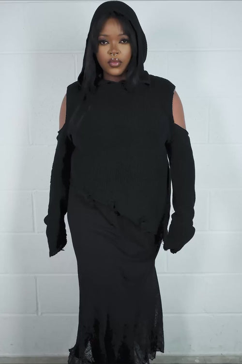 cold shoulder hooded distressed blacks sweater top