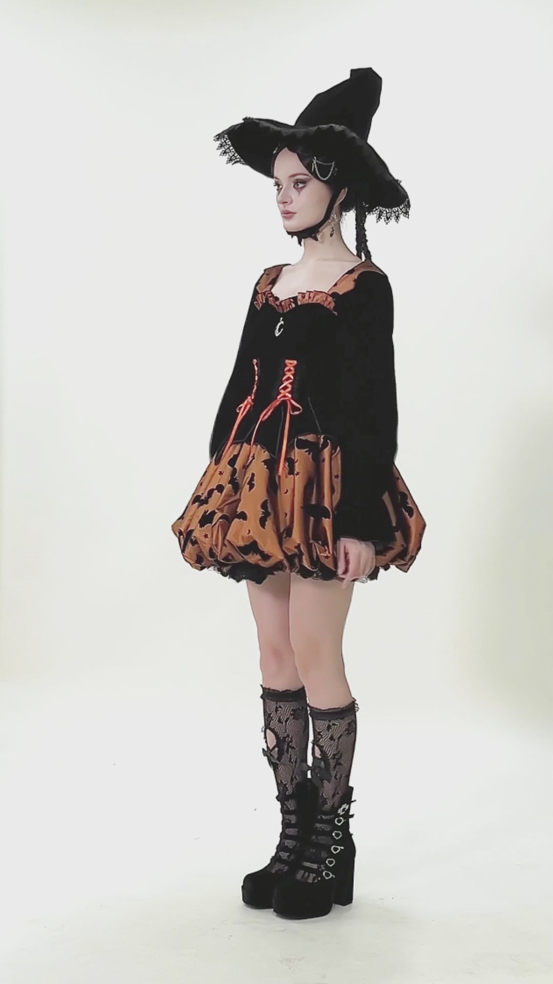 Video of model wearing Midnight Bat & Pumpkin Halloween Dress