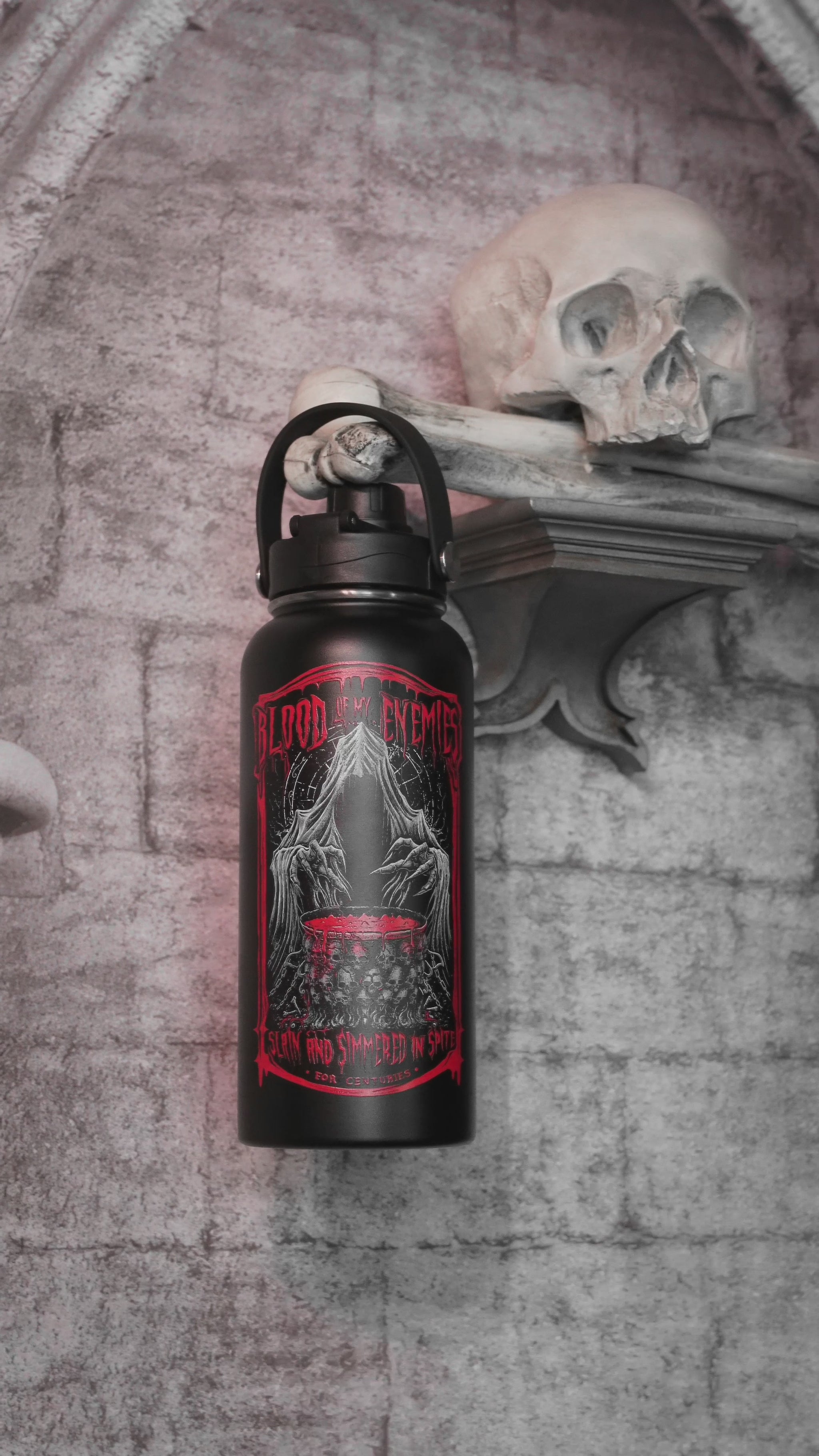 video of a gothic water bottle