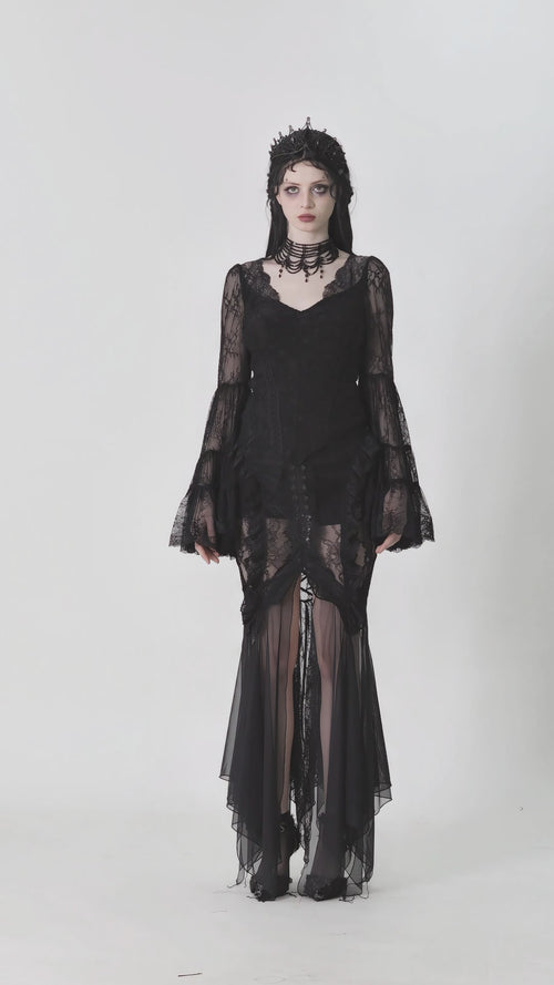 video of gothic woman wearing dark fairycore long sleeve top