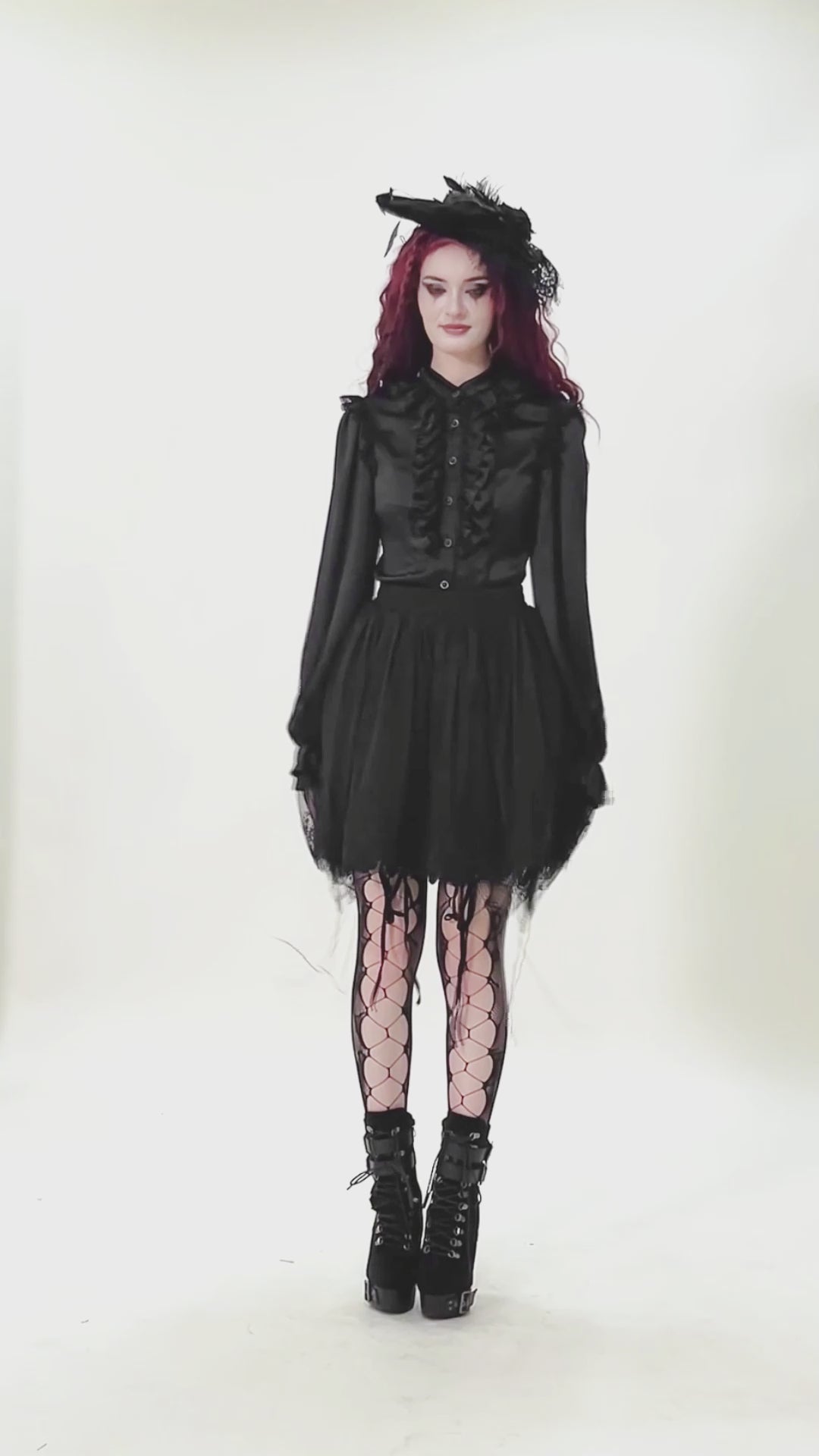 video of a Gothic lolita woman wearing a womens high waisted black embroidered skater skirt