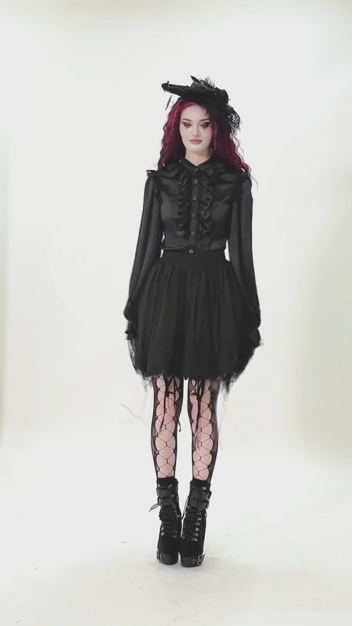 video of a Gothic lolita woman wearing a womens high waisted black embroidered skater skirt