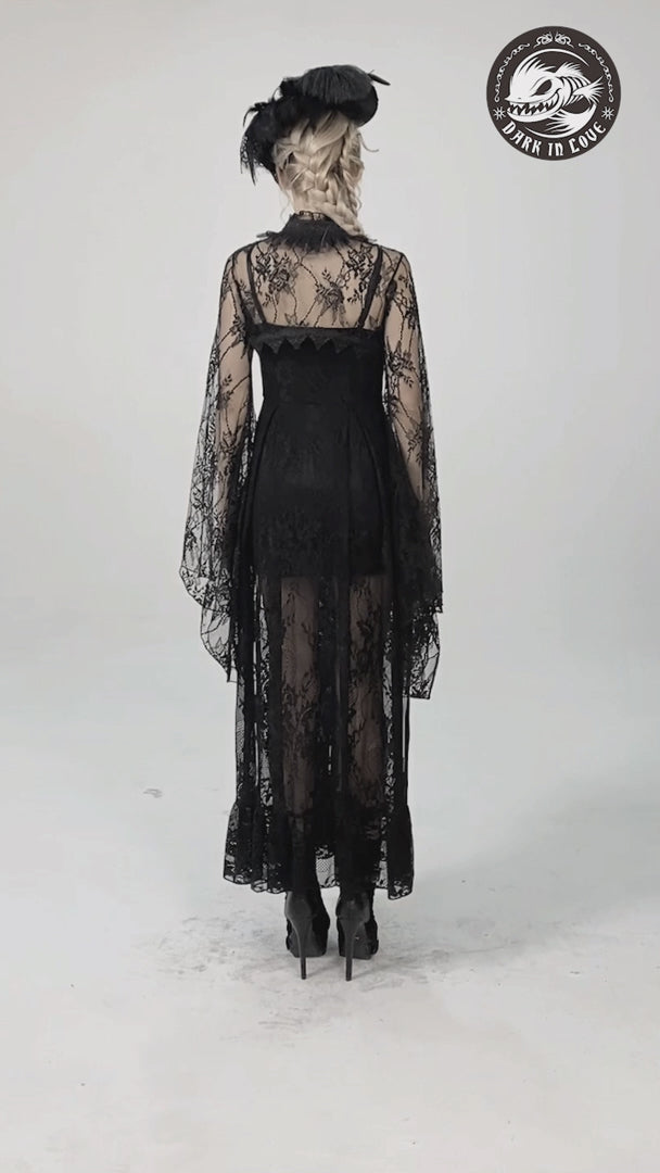 video of female model wearing a gothic lace transparent mesh shrug