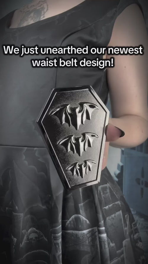 video of a rockabilly high waisted belt with bat details