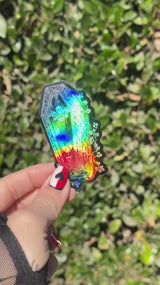 video of gothic woman holding a coffin sticker made of vinyl by the pretty cult 