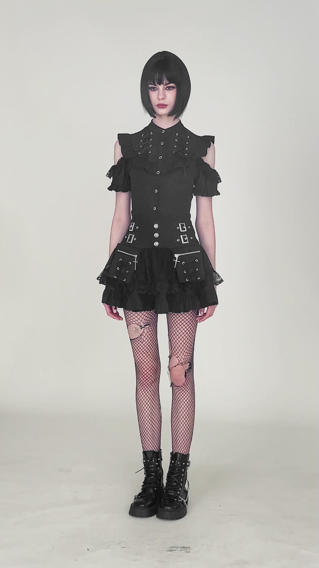Video of model wearing Dark In Love Gothic Ruffled Blouse