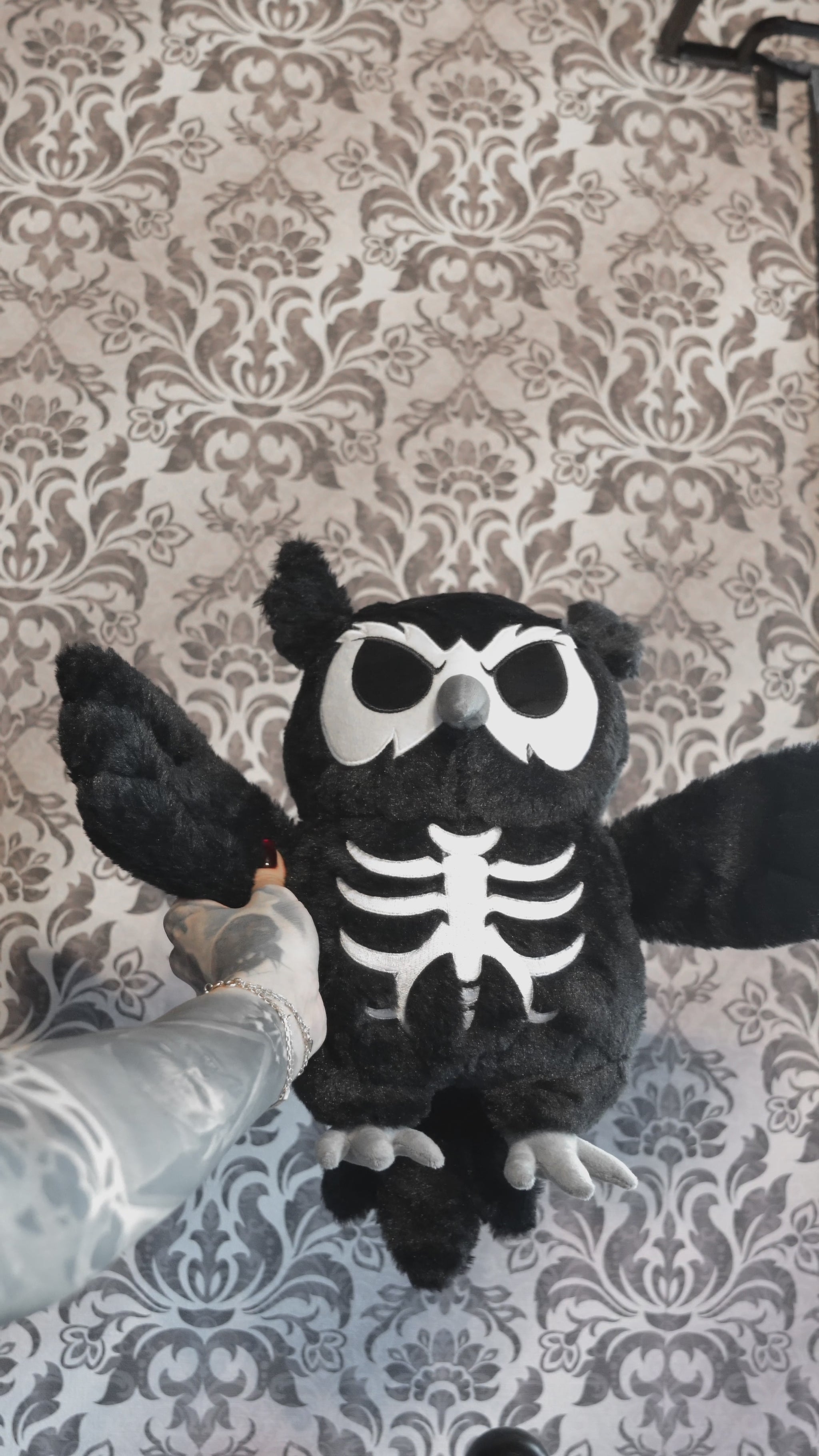 video of a skeleton owl plushie
