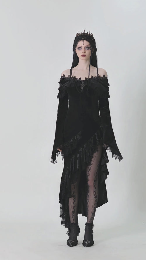 video of gothic woman wearing a black velvet gothic gown