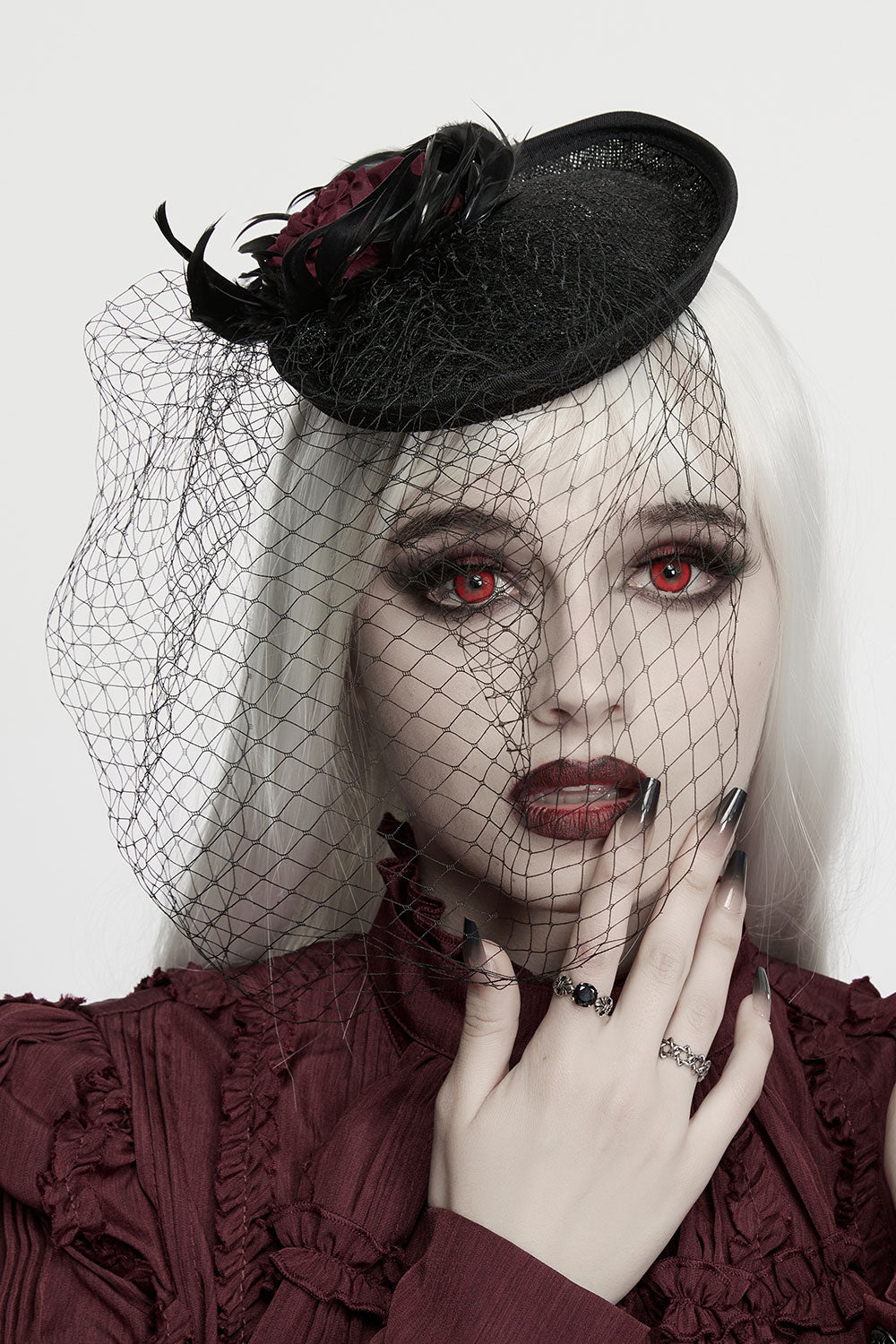 Women's Gothic Feather Rose Birdcage Veil Fascinator Hat Black-Red from punk rave