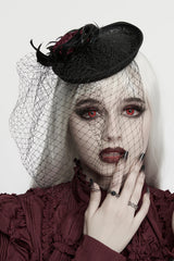Women's Gothic Feather Rose Birdcage Veil Fascinator Hat Black-Red from punk rave
