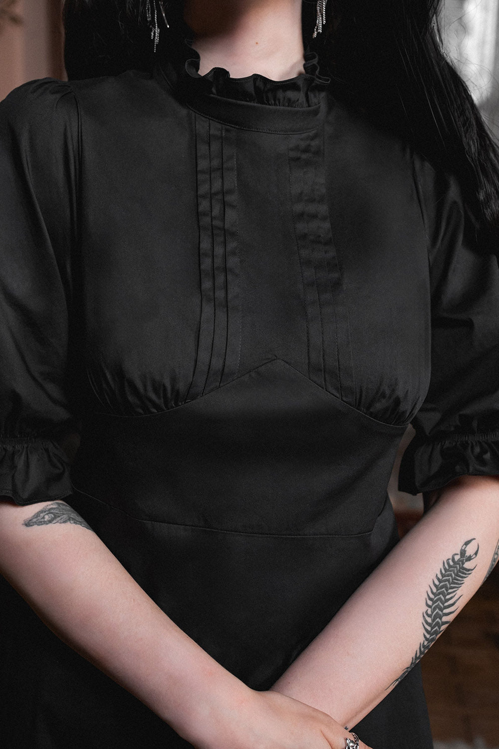 puff shoulder vintage goth high collared ruffle midi dress by lively ghosts 