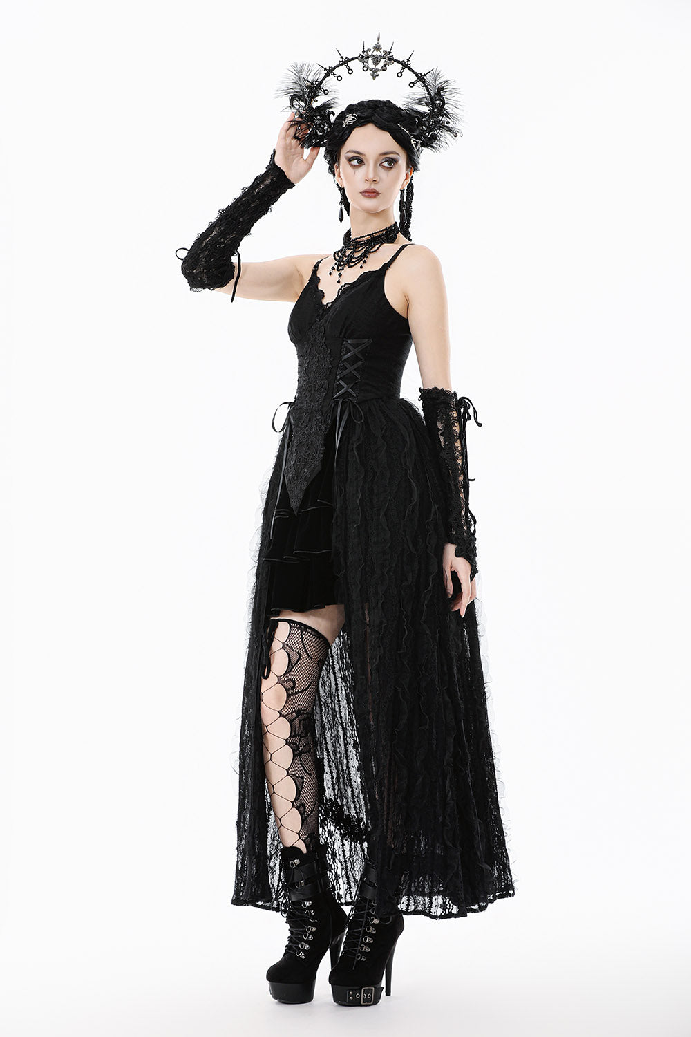  long black corset princess dress with a long black lace skirt by dark in love