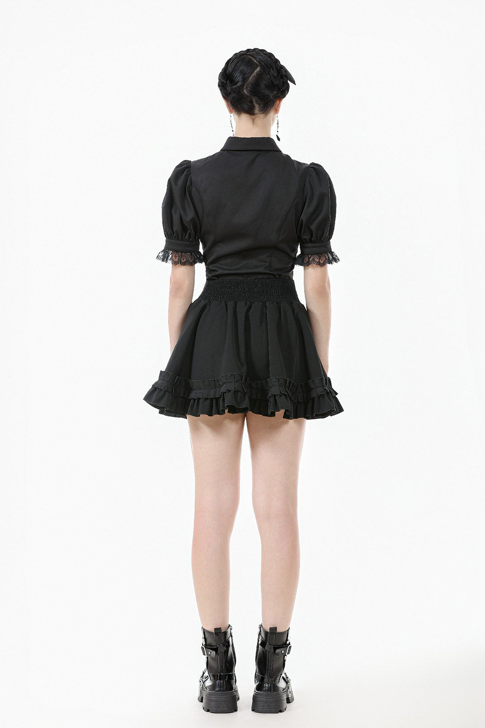 lace sleeve puffed princess shoulder blouse with collared neckline