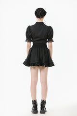 lace sleeve puffed princess shoulder blouse with collared neckline