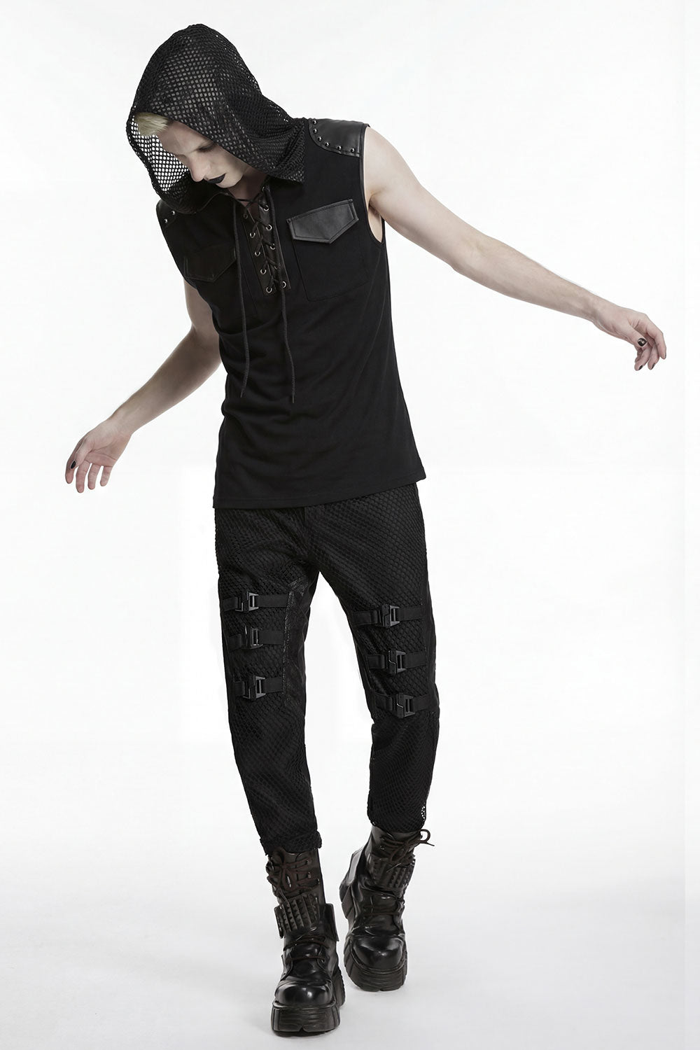 Punk Lace-up Patchwork Hooded Tank Top