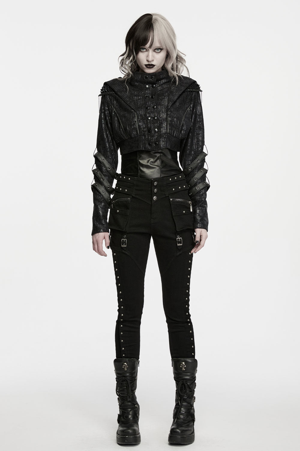 High waist design with sculpted decorative buttons shapes flattering waistline