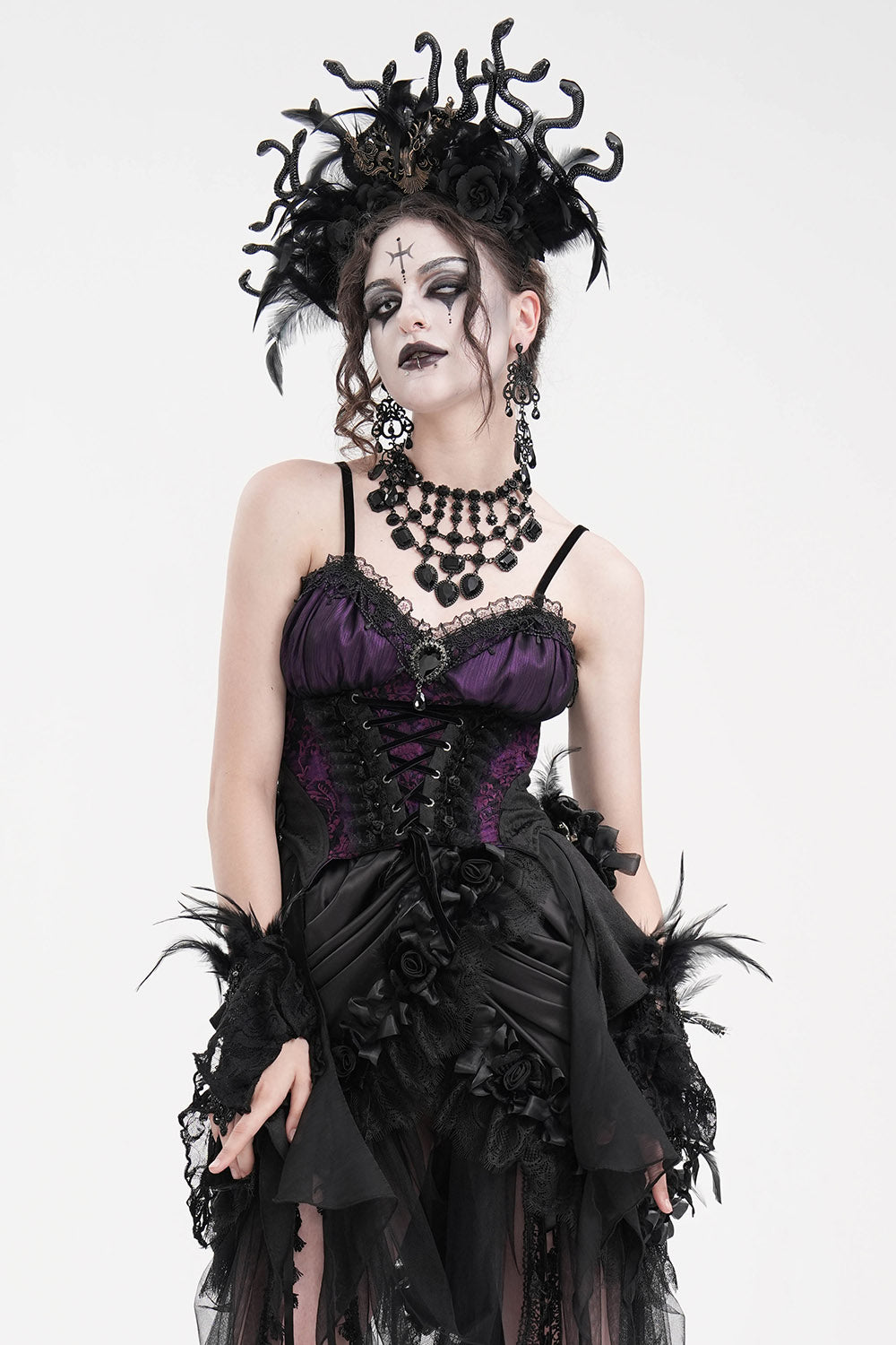 adjustable lace-up purple and black lace sweetheart neckline corset