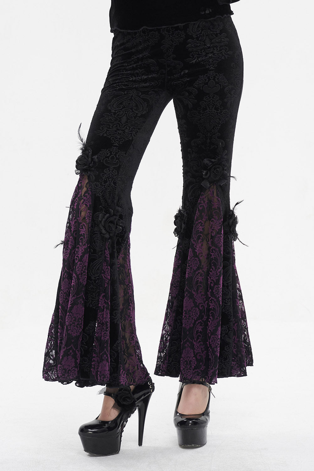 high waist black and purple velvet flares