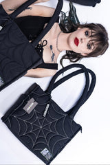 embroidered spiderweb large puff shoulder tote bag purse by wicked misfit