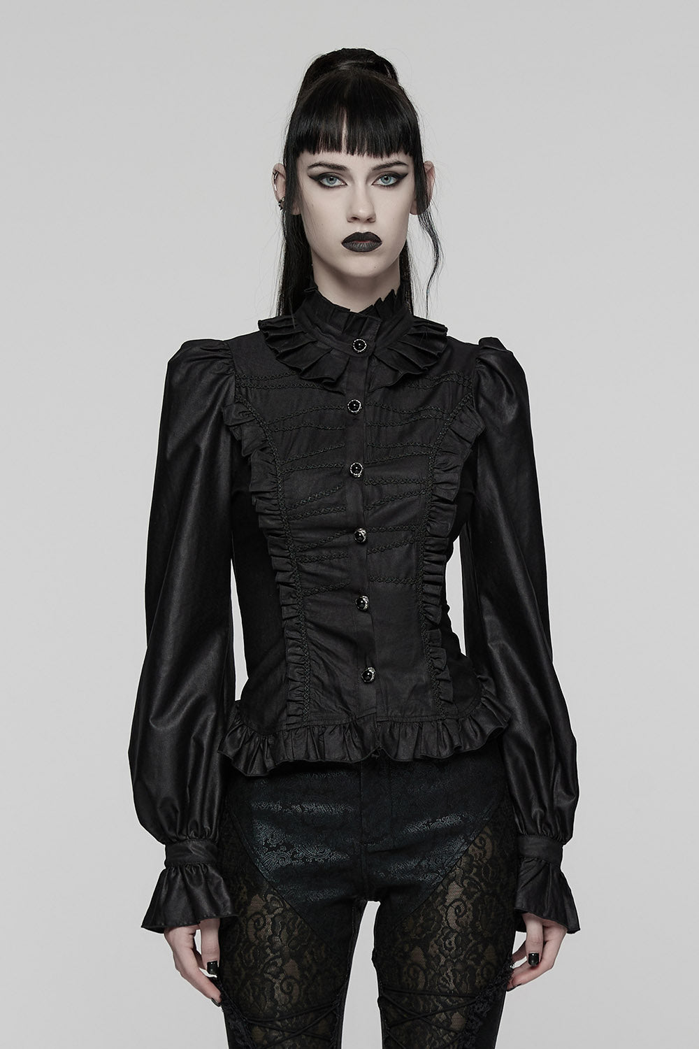 womens trad goth romantic ruffled high collared top