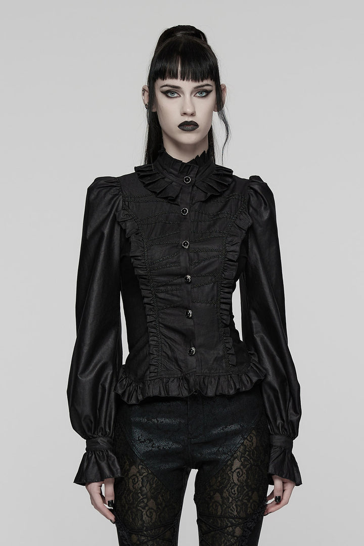 womens trad goth romantic ruffled high collared top
