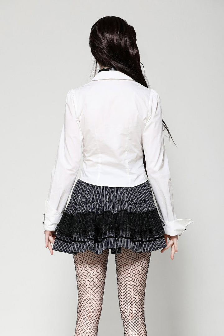 whimsical womens white ruffled long sleeve button-up shirt