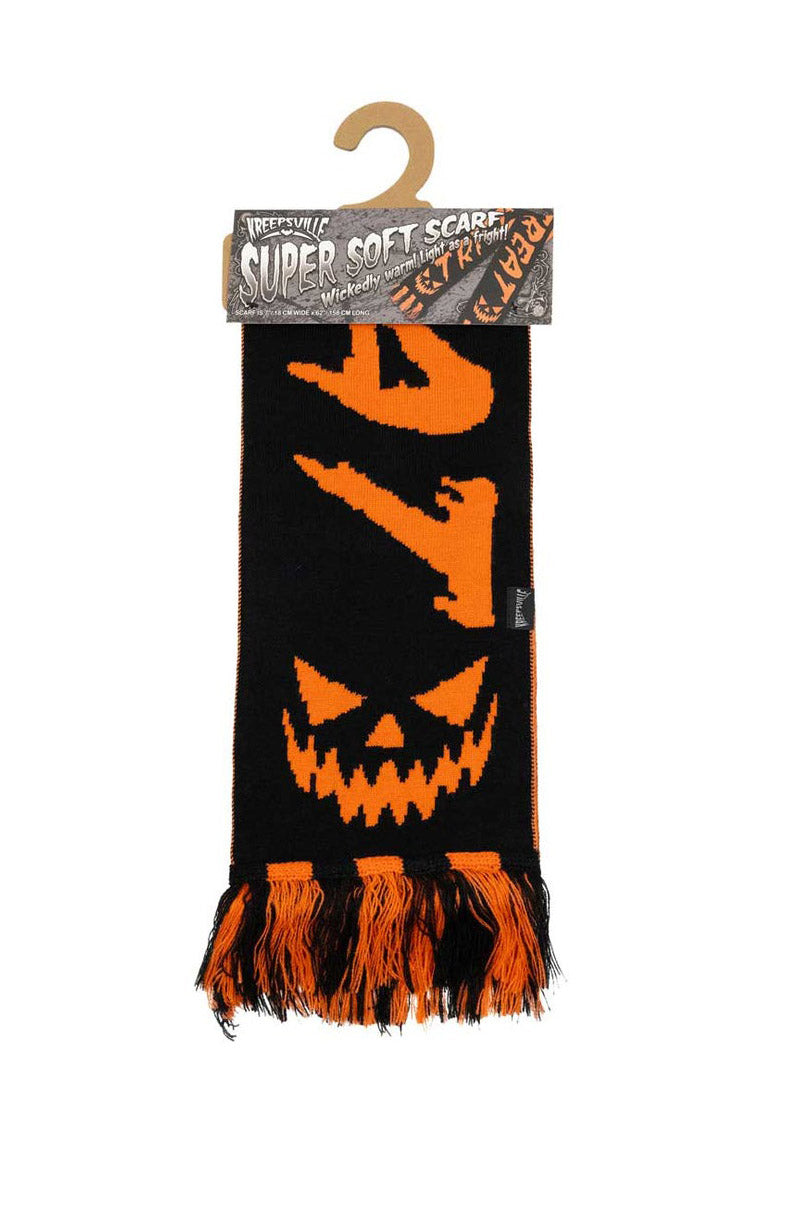 Halloween-themed scarf with jack-o'-lantern design on a white background by kreepsville