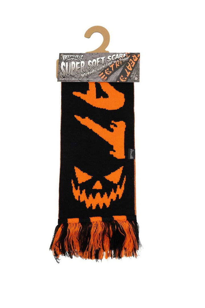 Halloween-themed scarf with jack-o'-lantern design on a white background by kreepsville