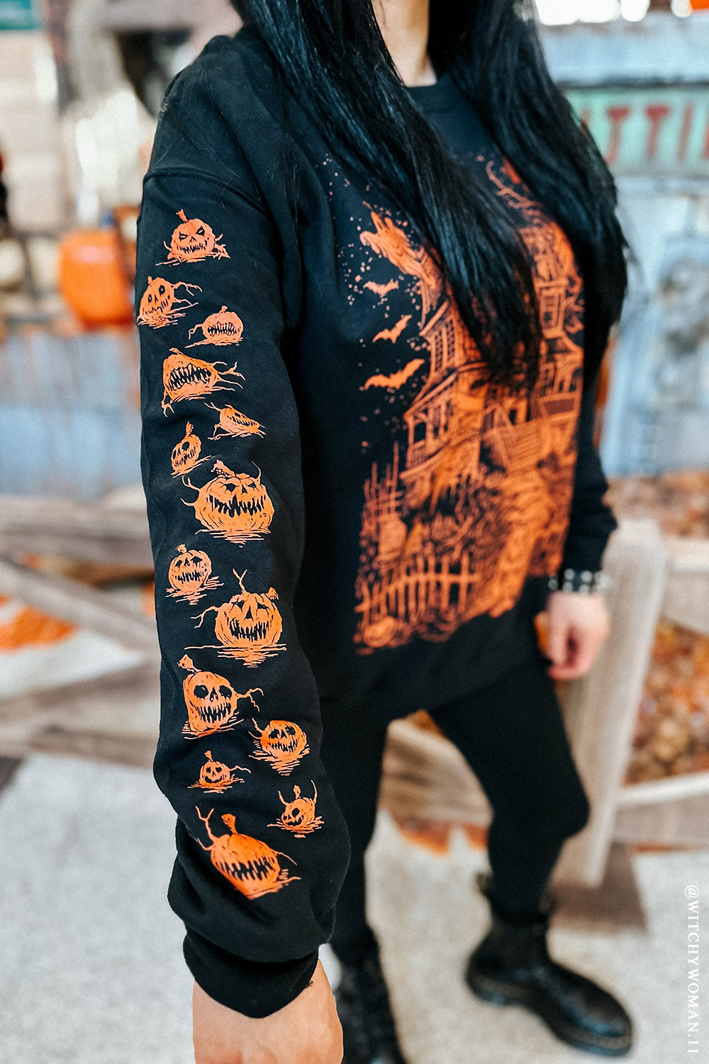 halloween goth clothes with pumpkin sleeves 