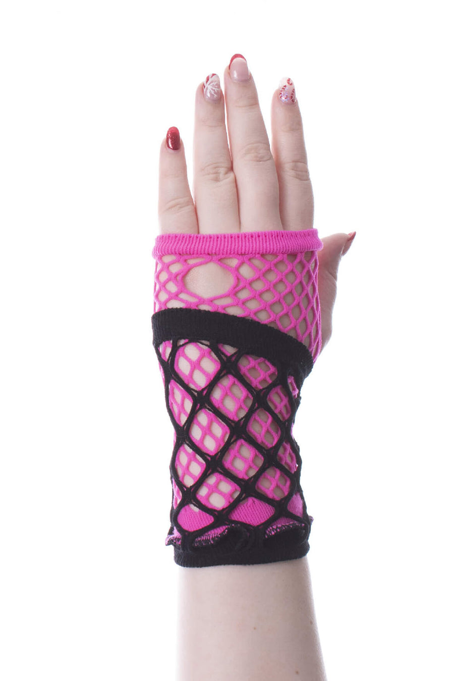 pink and black fishnet gloves