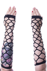 black fishnet punk long gloves