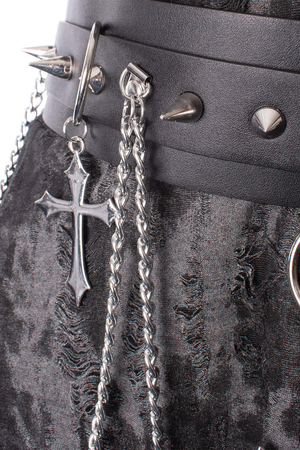 gothic cross vegan leather belt with draped chains 