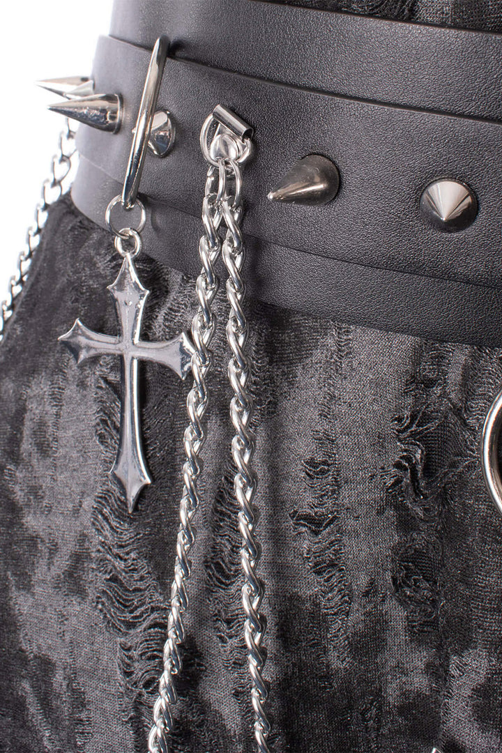 gothic cross vegan leather belt with draped chains 