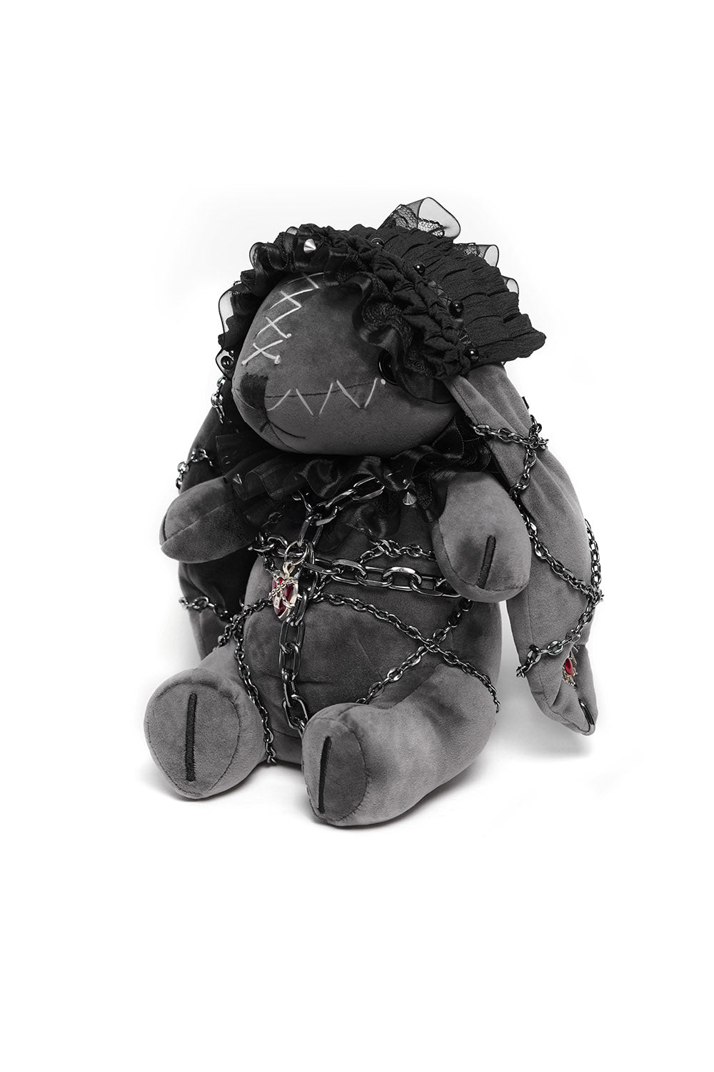 chained punk rabbit plush toy wearing a lolita ruffle headband 