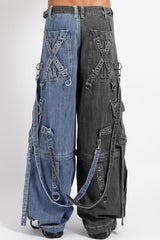 Tripp NYC X-Strap Split Denim Pants [BLACK DENIM/INDIGO BLUE]