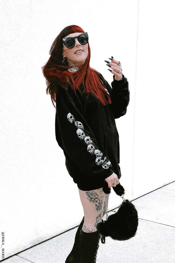punk skull sleeve zippered oversized hoodie