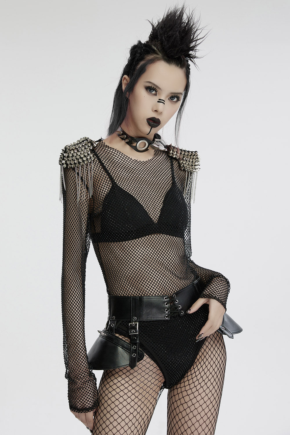 Spiked Shoulder Fishnet Bodysuit