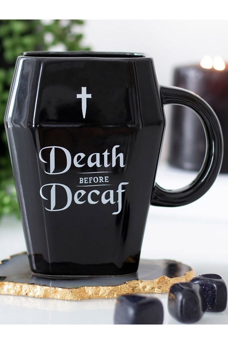 Gothic Halloween Death Before Decaf Coffin Mug