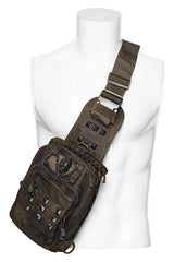 post apocalyptic distressed brown rugged crossbody bag with skull motif 