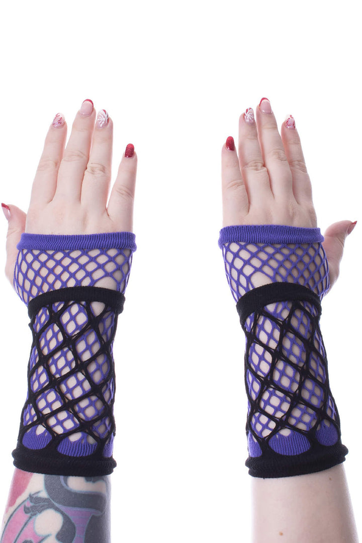 punk purple and black fishnet gloves